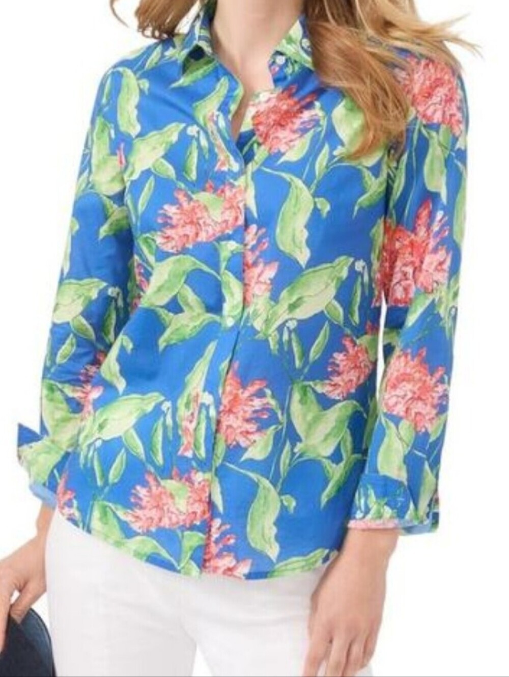 J.mclaughlin Lois Womans Floral Button-Up Shirt - Blue with Green & Coral Print.